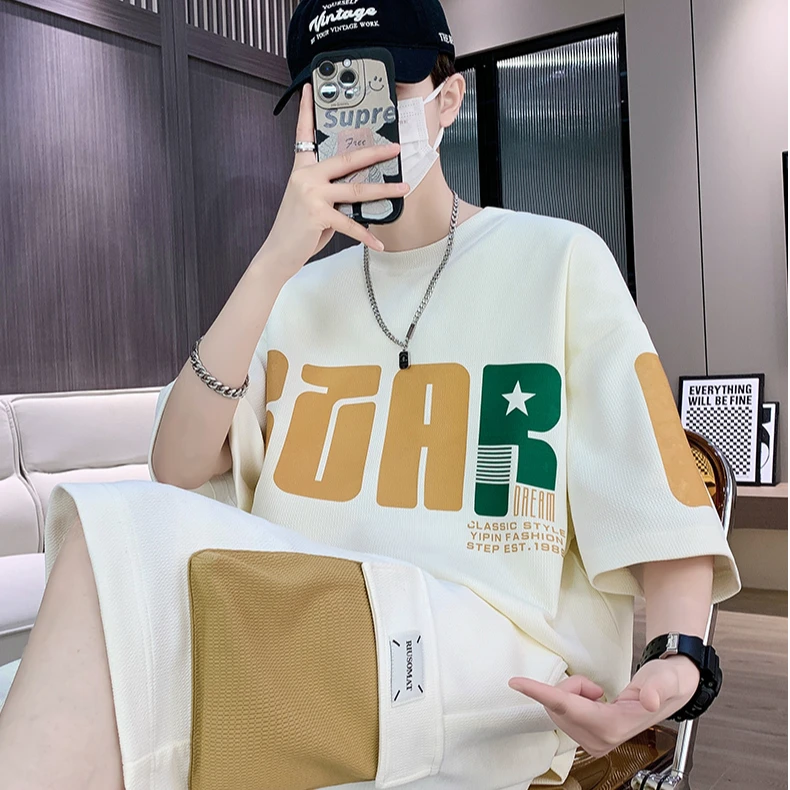 休闲运动套装男孩夏季宽松青少年学生T恤衫潮牌潮流短袖短裤一套