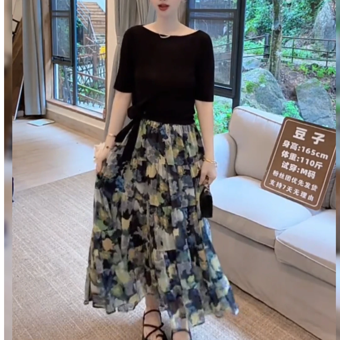[工厂直销套装]夏季新款一字肩系带短袖清新印花半身裙4020+Q131
