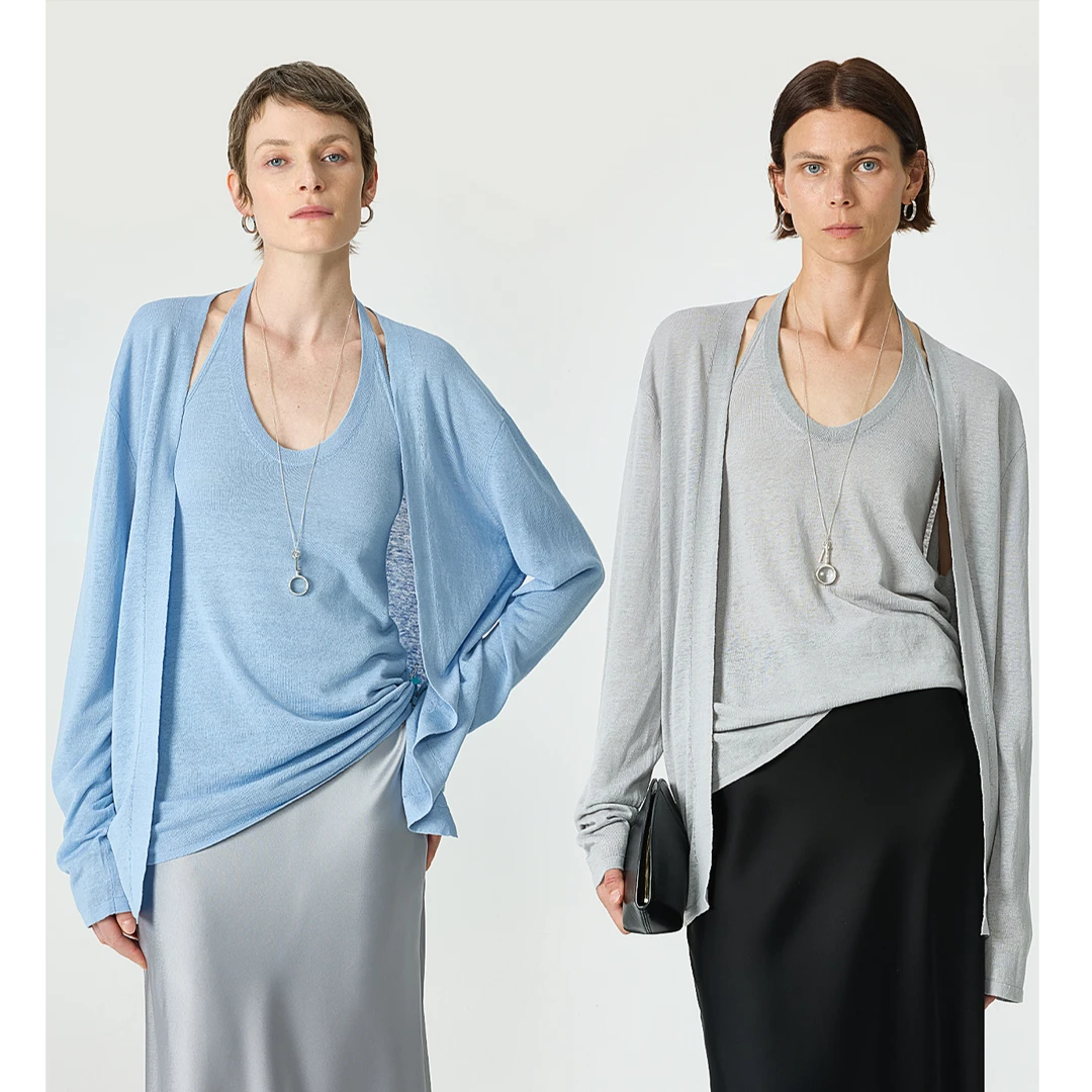 开间/时髦夏日 苣轻透桑蚕丝亚麻極简ROW风针织背心开衫心机套装