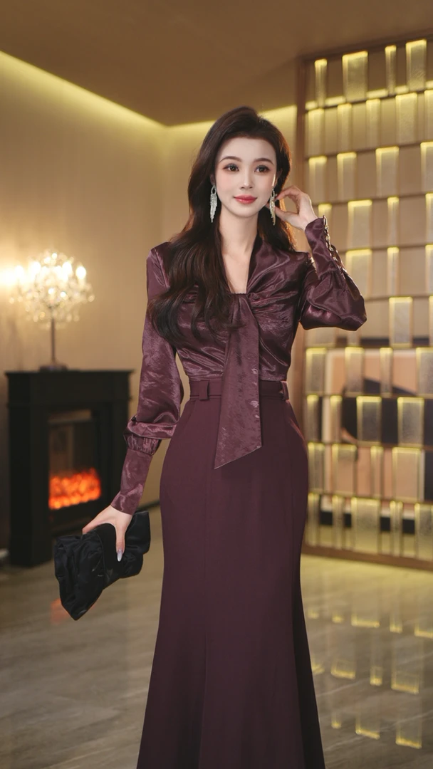 罗曼湾湾 优雅宫廷风压褶飘带领衬衫鱼尾长裙连衣裙