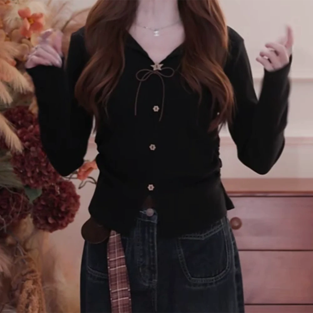 蝴蝶结v领长袖t恤秋季新款小众修身上衣C6287