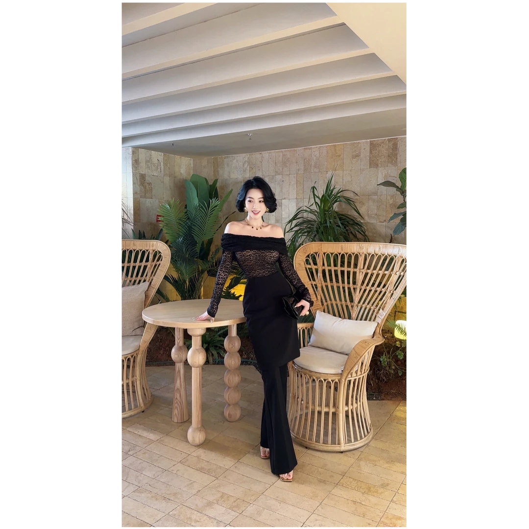 LYXJ【薄雾黑豹】春夏上衣豹纹一字肩性感长袖11740