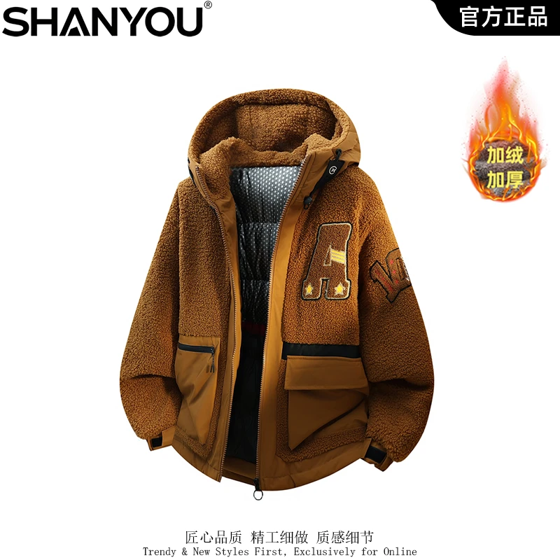 秋冬潮牌感连帽大码外套大A字母星星拼接设计棉衣工装风出街单品