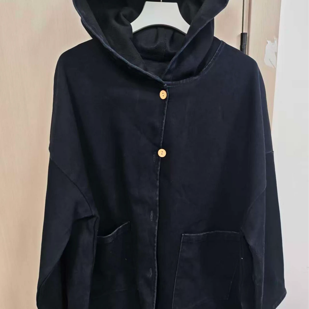 s【沐木流浪记】蓝黑色连帽双口袋女装风衣外套z