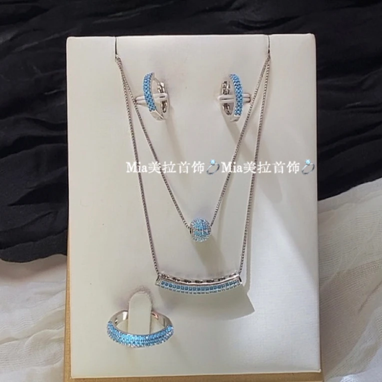 钛钢亚克力项链 三件套手工蓝色时尚小众银色镶嵌叠戴坠链百搭