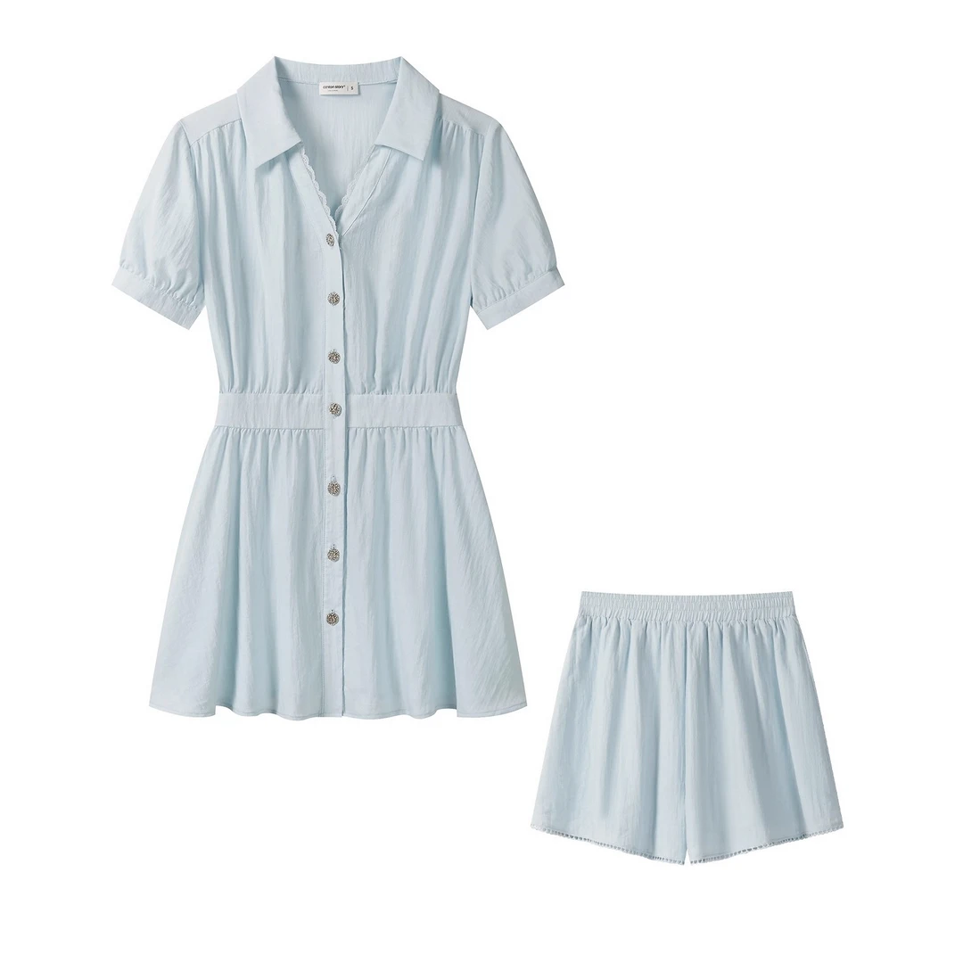 羊城故事-蓝色衬衫连衣裙休闲裤套装百搭收腰两件套Y50752095