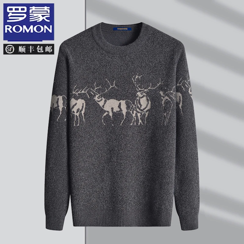 Romon/罗蒙小鹿提花圆领男士毛衣秋冬加绒加衬衫领打底衫保暖休闲