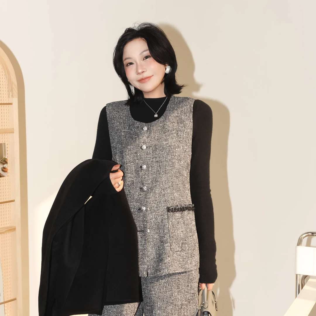 PENNYPENG星河璀璨 经典粗花呢撞色包边小香风烫钻马甲阔腿裤套装