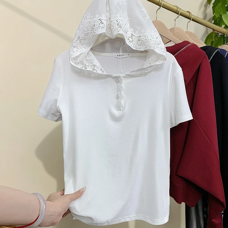 短袖女款爆款2025新款洋气衣服女刺绣连帽蕾丝T恤女小衫上衣高端
