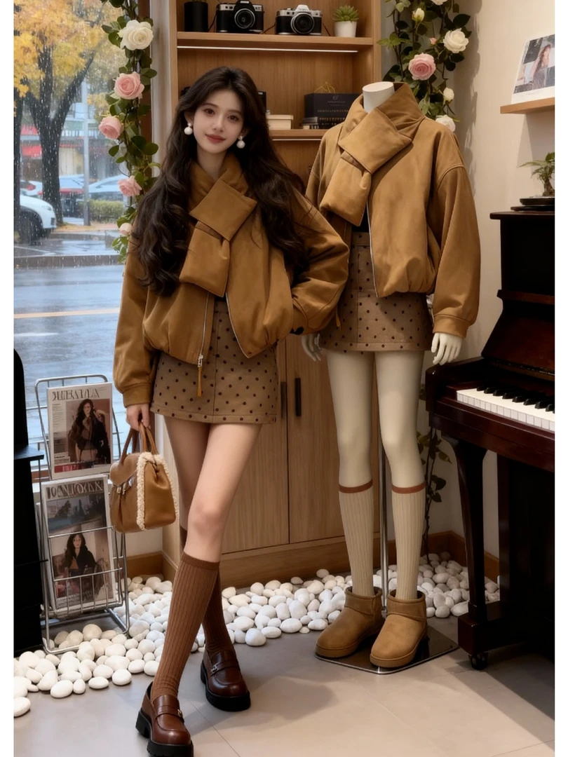 2025冬新款韩系穿搭一整套女高级感气质小香风棉服外套波点半身裙