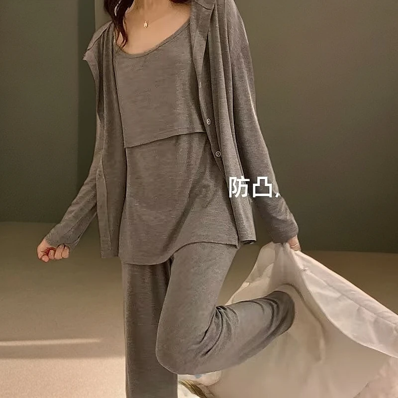 春夏季产妇莫代尔带胸垫月子服免穿内衣孕妇睡衣三件服装套装