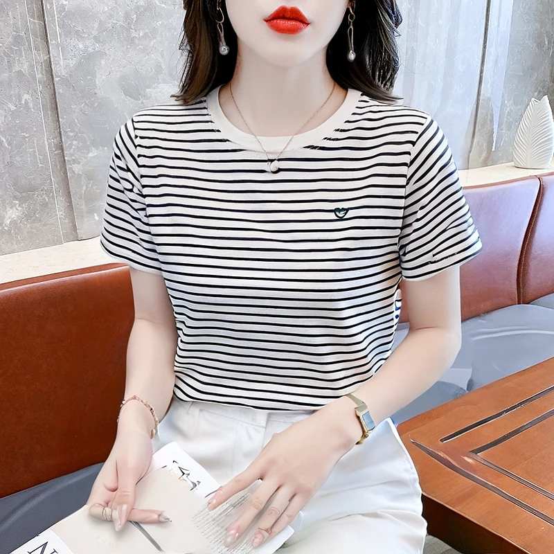 洋气条纹时尚v领短袖T恤打底衫女短款半袖修身百搭圆领休闲上衣
