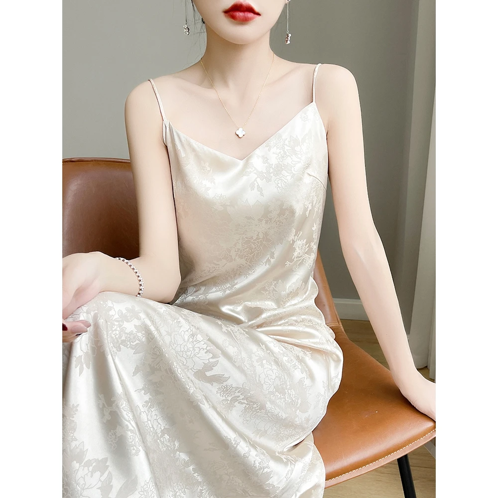 国风气质吊带连衣裙女醋酸缎面提花长裤过膝A字高级感吊带蕾丝