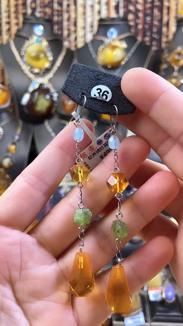 银S925镶嵌琥珀耳饰耳环