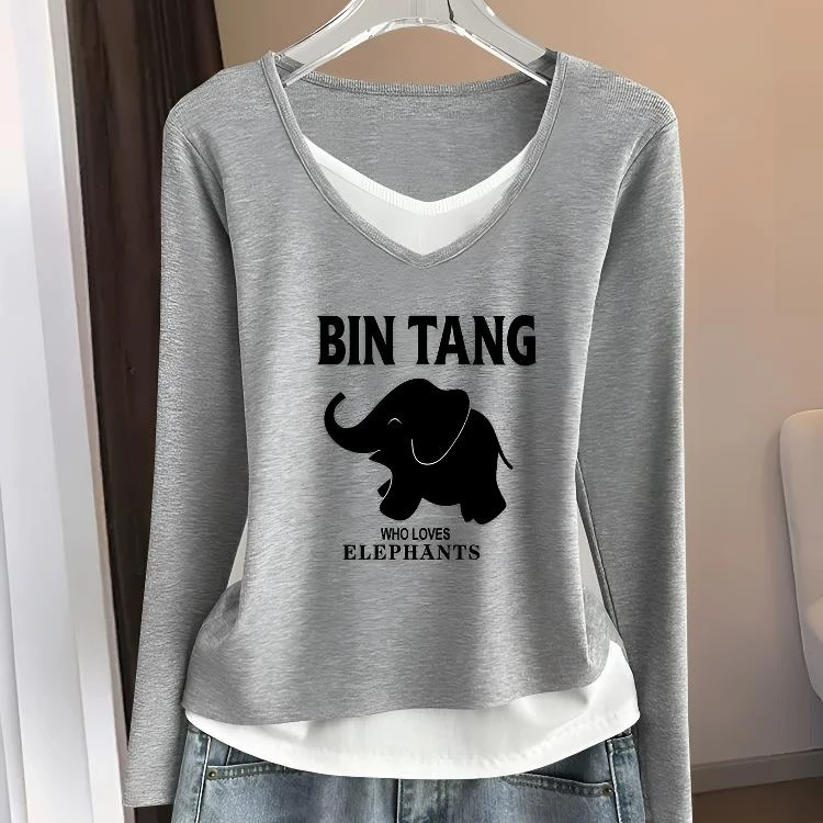 大码撞色大码假两件V领长袖t恤女2025春秋季新款时尚百搭打底衫潮