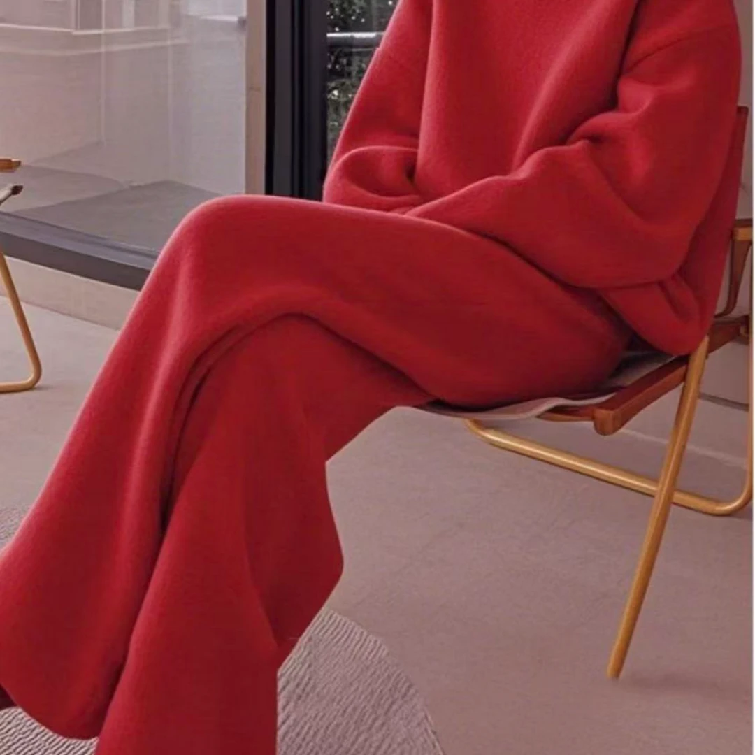 新款穿搭一整套高级感宽松显瘦红色针织衫阔腿裤两件套装