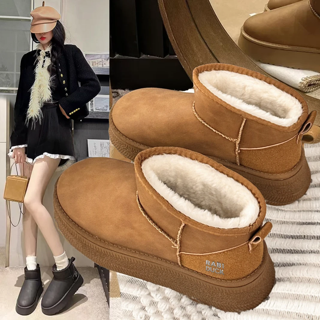 Z11【现货】皮面防水雪地靴女百搭加绒加厚增高保暖厚底短筒棉鞋