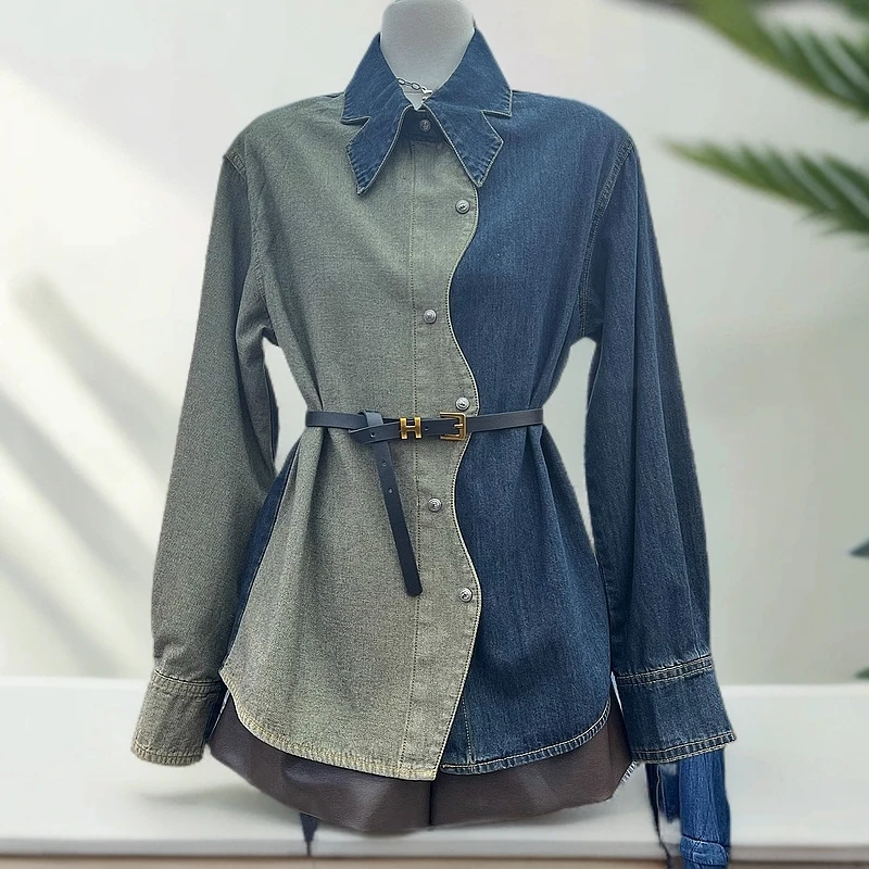 LX876新款复古不规则牛仔拼接气质女神范内搭打底长袖衬衫女潮