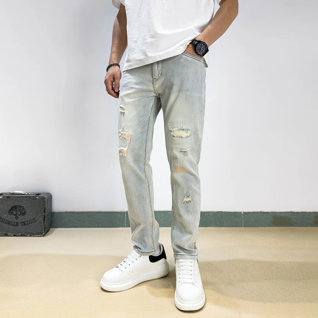九分破洞修身小脚牛仔裤男浅蓝色潮牌弹力潮牌2025新款夏季薄款裤
