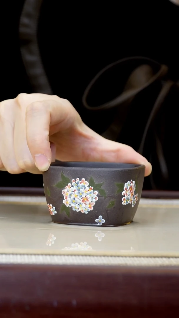 茶壶紫砂无添加底槽青方寸山河杯绣球花泥绘