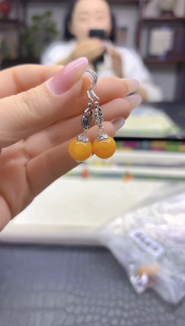 蜜蜡银S925镶嵌耳饰DIY款E898