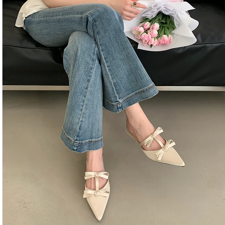 2025夏季新款女鞋小众时尚欧若风蝴蝶结半拖鞋女低跟尖头包头拖鞋