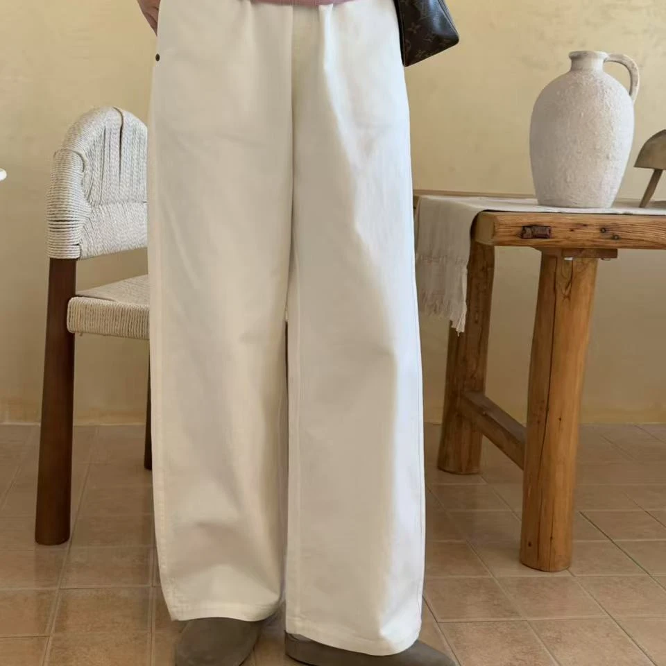 菲菲惊喜社 3451白色修身长筒老钱风亚麻工装弯刀裤