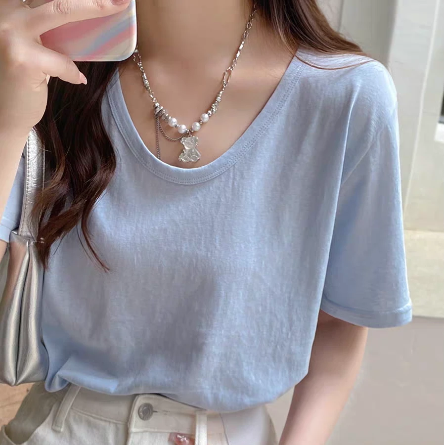 【雪花棉】V领短袖t恤女夏季薄款打底新款宽松显瘦半袖蓝色上衣