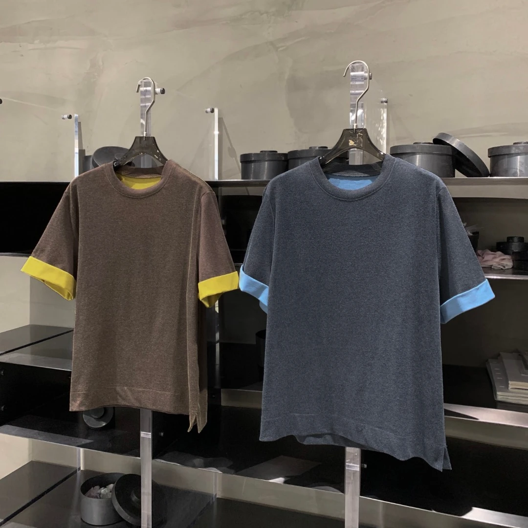 毛边撞色卷边袖假两件短袖T恤女 T8406