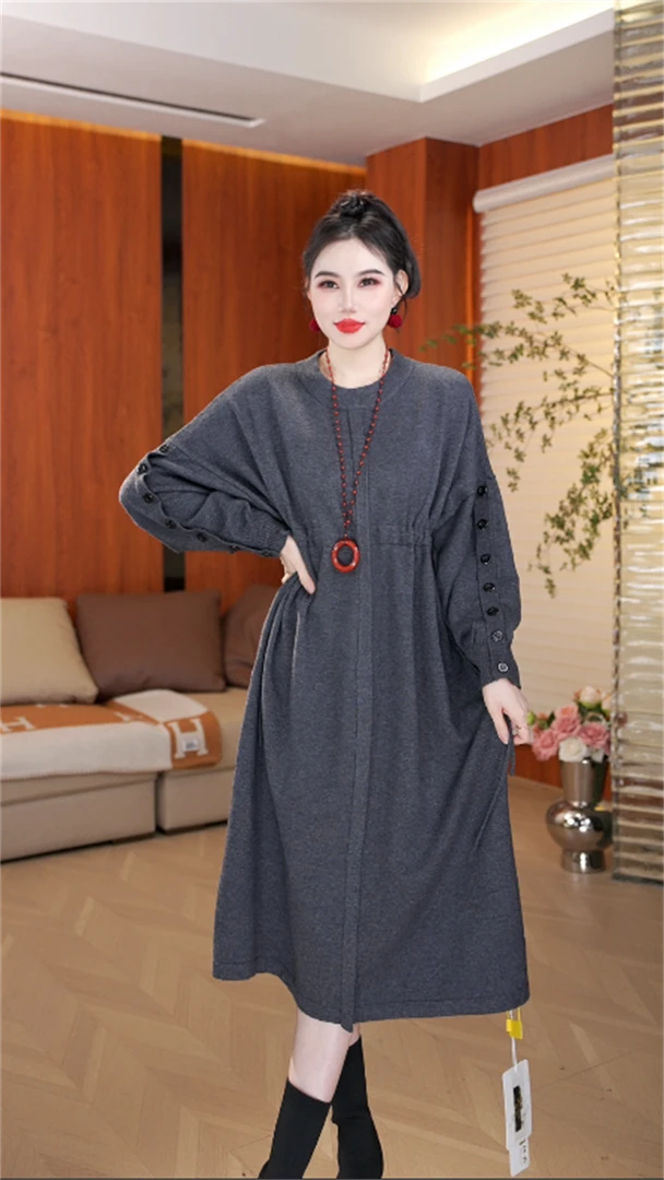 春夏新款重磅加厚季宽松保暖气质洋气长袖毛衣连衣裙-6957#