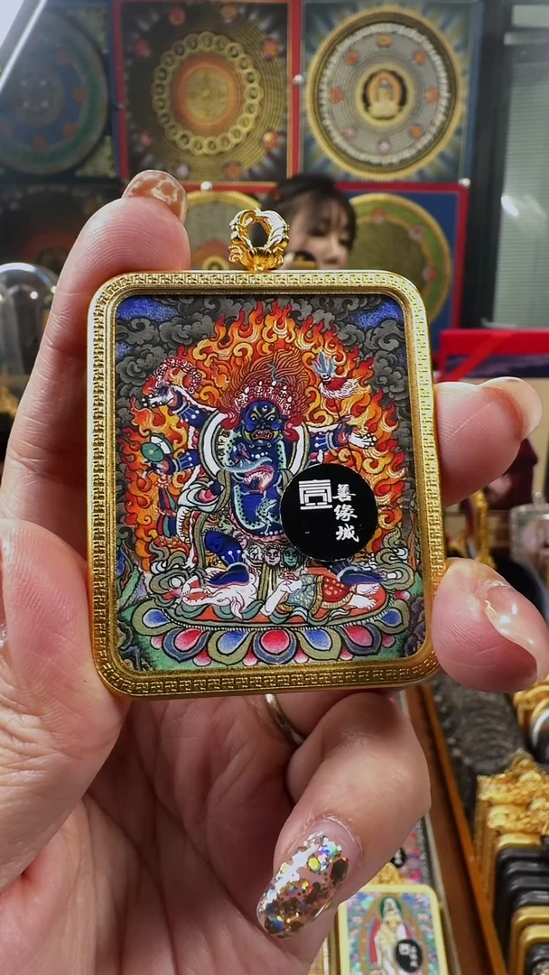 吊坠壹善缘城手绘唐卡六臂大黑天铜壳双面