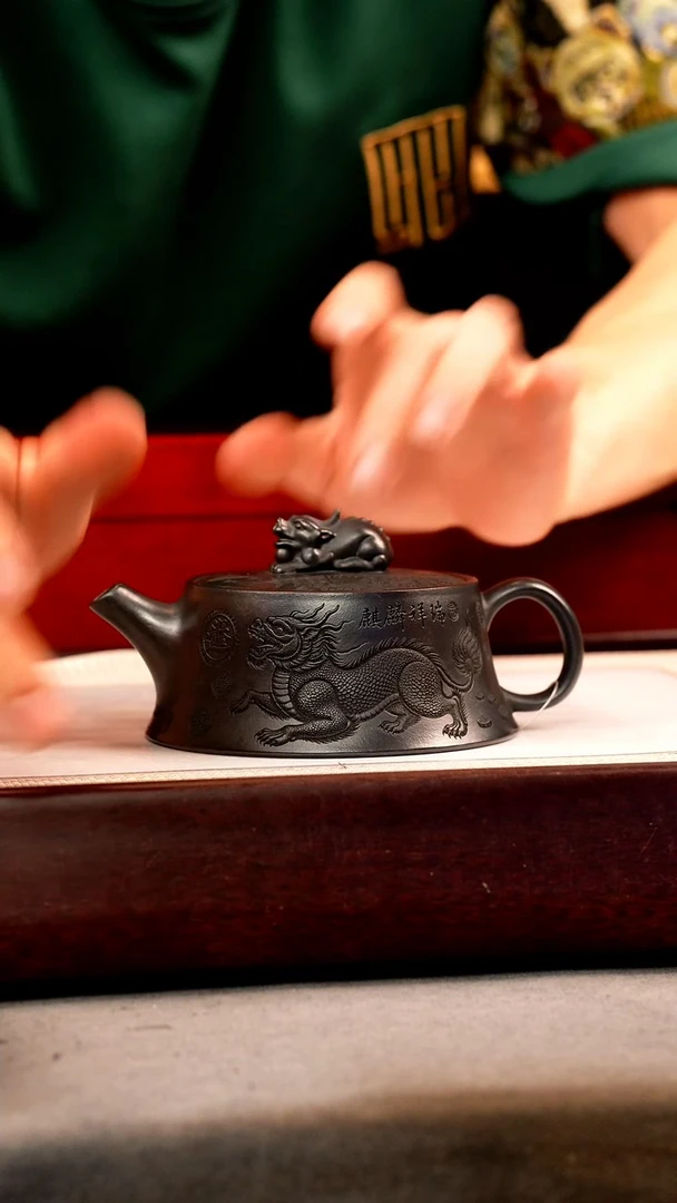 茶壶紫砂石黄 麒麟钮柱础 五路财神