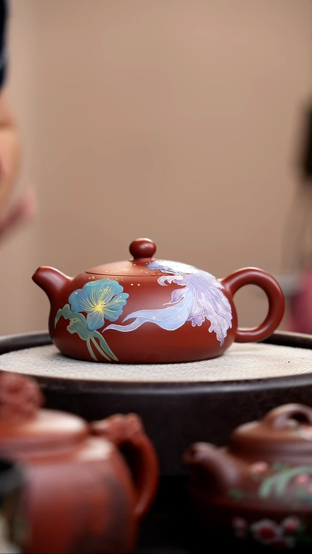 茶壶紫砂朱泥半月泥绘金鱼紫011