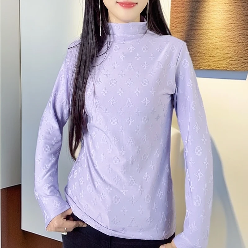 欧若风春秋半高领女士打底衫加绒保暖简约上衣提花修身气质内搭女