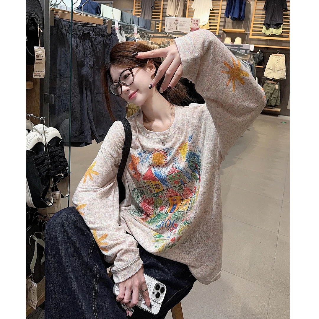 手绘涂鸦防晒罩衫上衣女复古彩色打底透气花纱长袖T恤