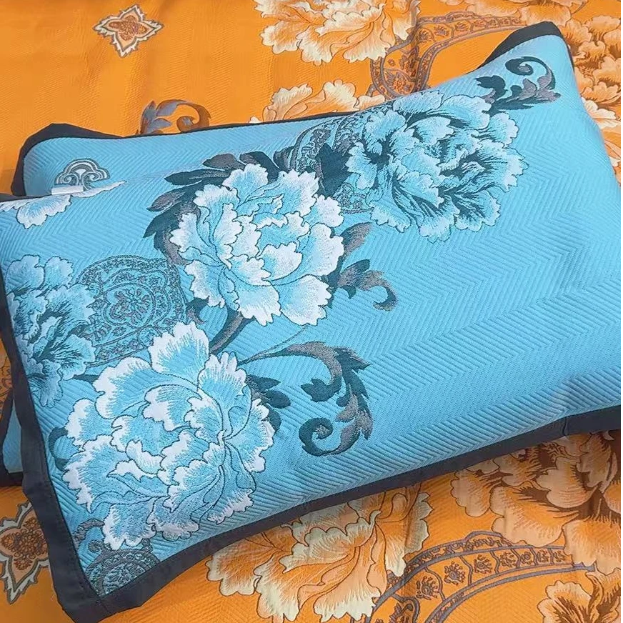 多层纱布枕巾--富贵同春蓝