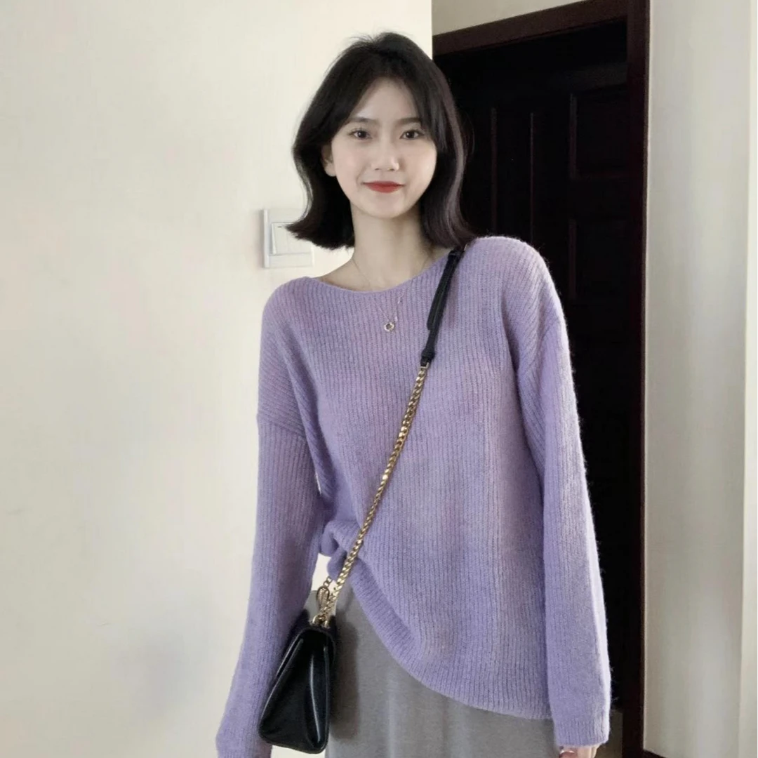2025春秋香芋淡紫色毛衣薄款宽松慵懒风绝美针织衫高级感套头上衣