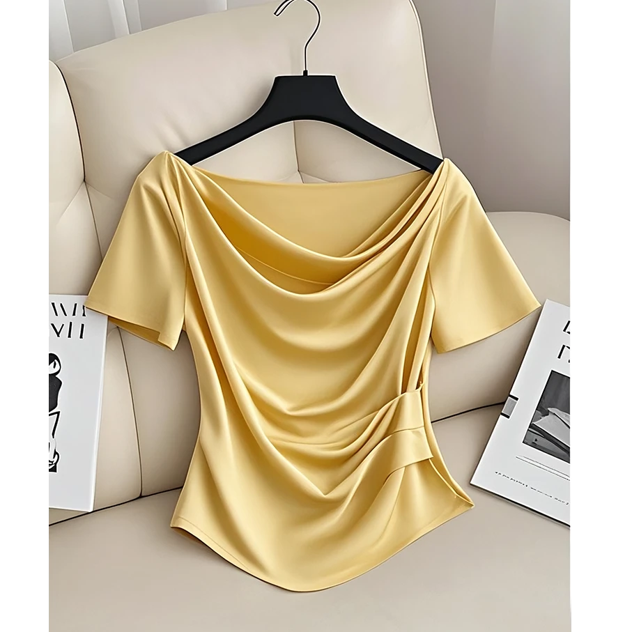 法式黄色一字肩荡领T恤女短袖高级感2025夏季新款短款掐收腰上衣