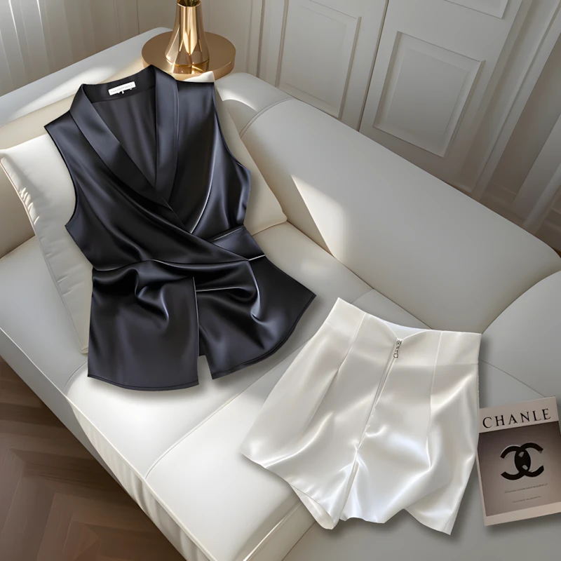 夏季通勤风套装黑色简约收腰显瘦上衣女款纯色简约时尚短裤两件套