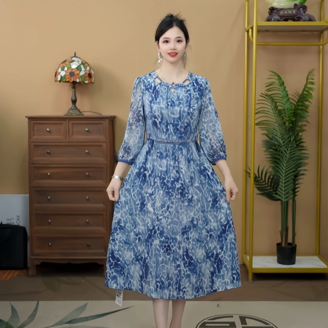 52290  夏季连衣裙印花连衣裙优雅宽松提花裙子气质长裙