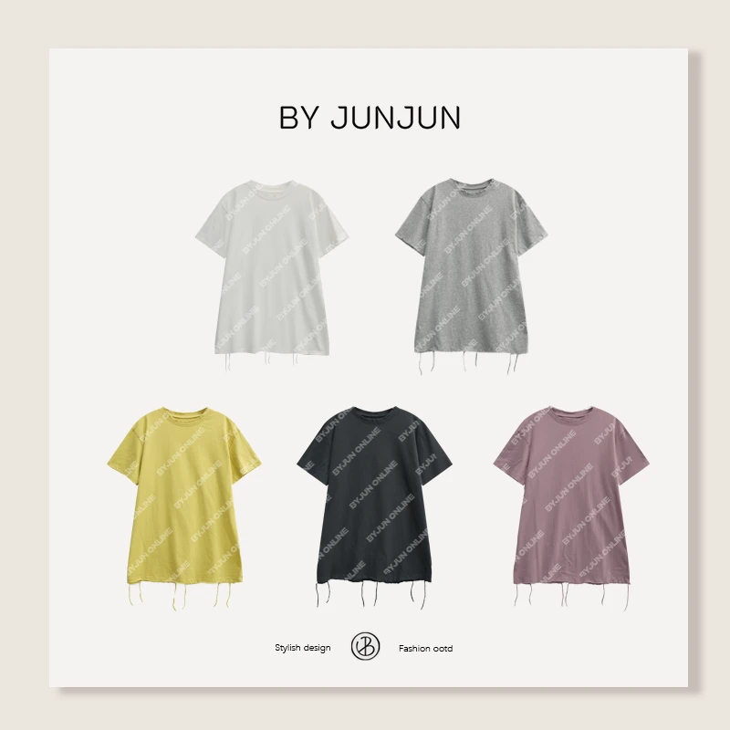 Byjunjun【多巴胺T】 后背撞色字母手工破边短袖圆领T恤C25T5758