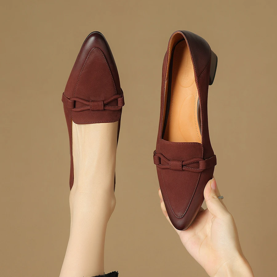 2025春季新款法式复古羊皮尖头新中式平底真皮单鞋乐福鞋小皮鞋女