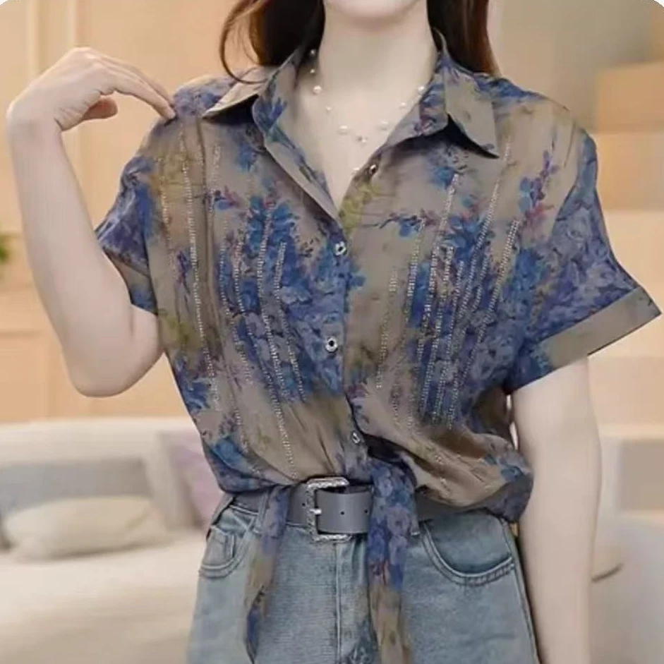 夏季气质减龄女装烫钻印花落肩袖宽松衬衫6621