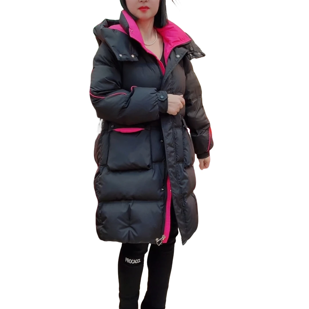 【洋玉服饰】欧韩潮牌国标90白鸭绒撞色拼接连帽宽松显瘦长款羽绒服