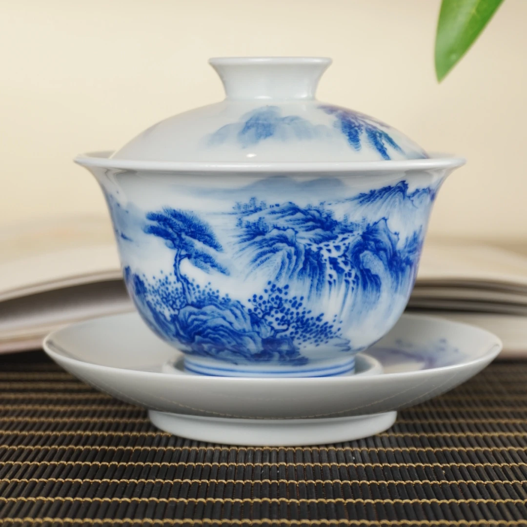 202溪山堂制青花三才山水元宝盖碗纯手工釉下彩景德镇景德镇盖碗