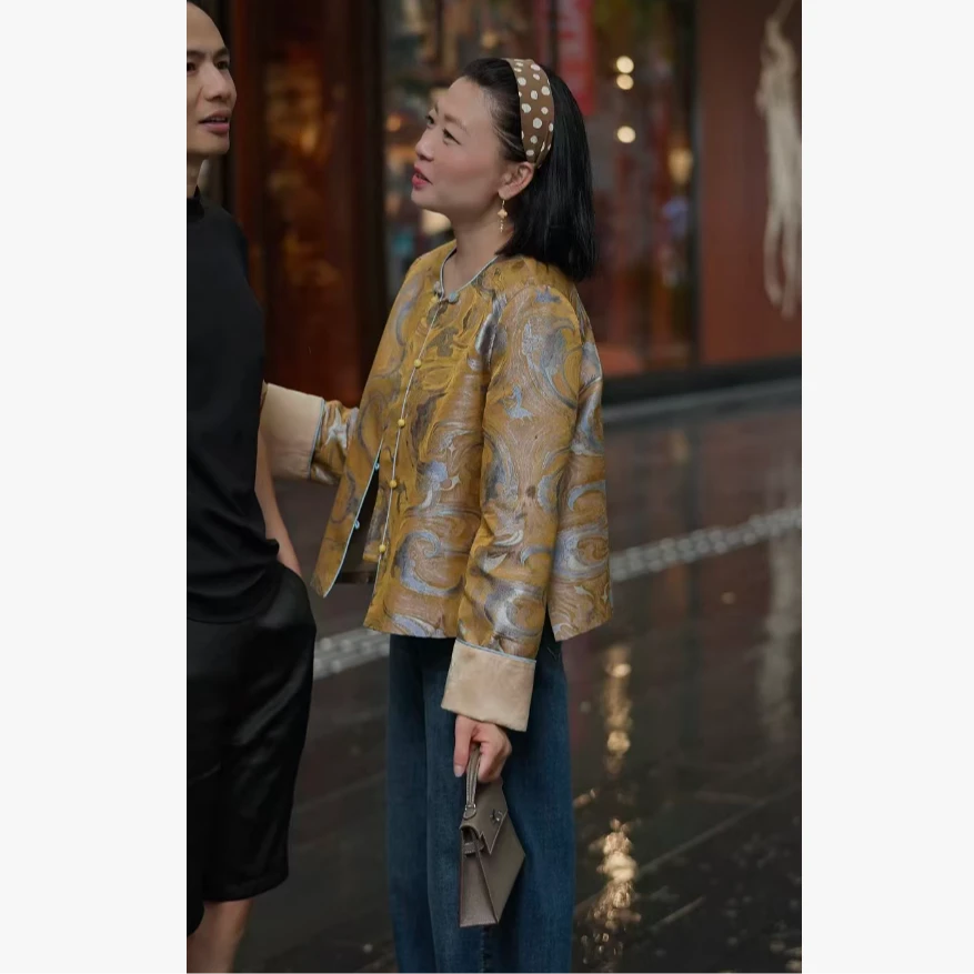 【深圳罗依】原创真丝外套女宋锦提花祥云新中式气质金色长袖短外套