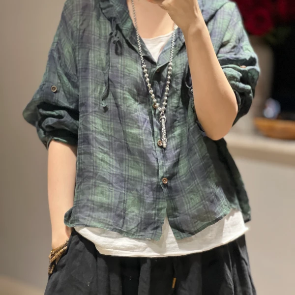 2025春夏苎麻连帽衬衫复古炒色做旧宽松休闲小个子百搭长袖上衣