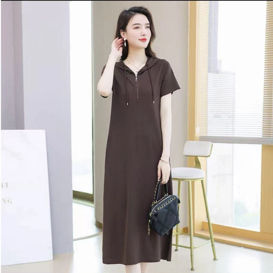 8278-带帽拉链中长连衣裙（咖啡）