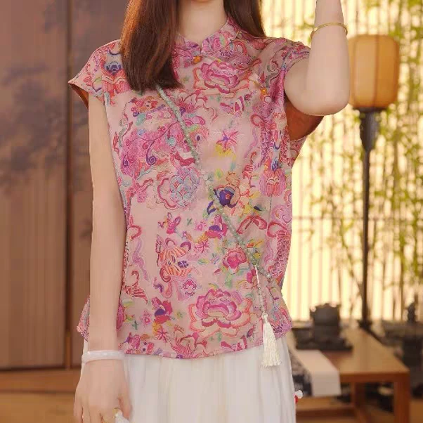 新中式国风高端小衫上衣女装2025夏季夏款绿色提花改良旗袍