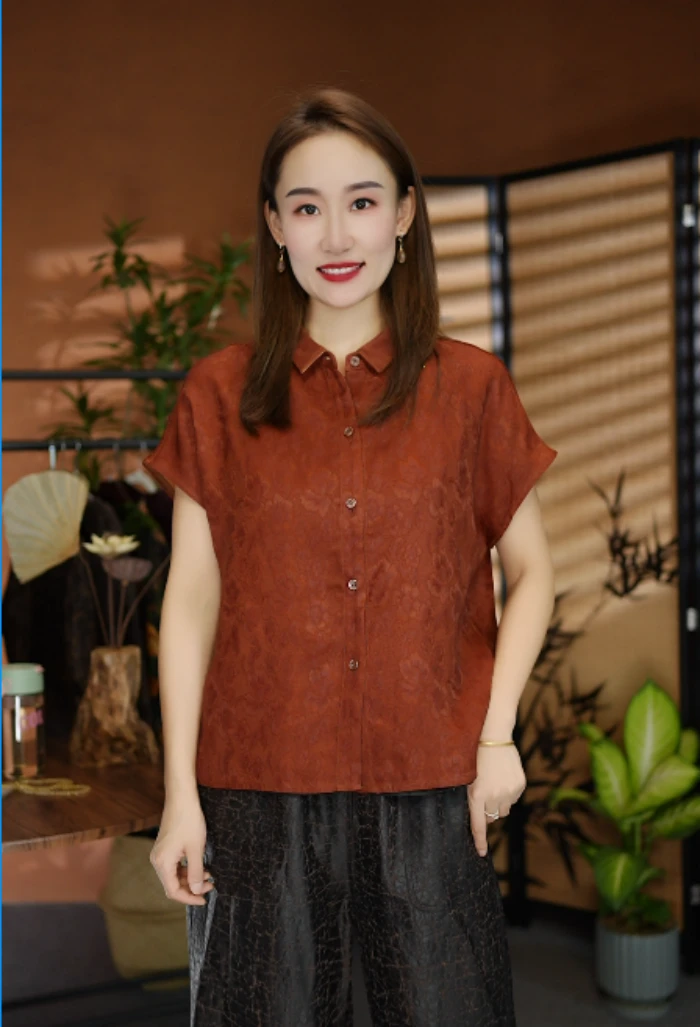 【苗蔓纱语】翻领红云花萝小飞袖夏季清仓桑蚕丝香云纱